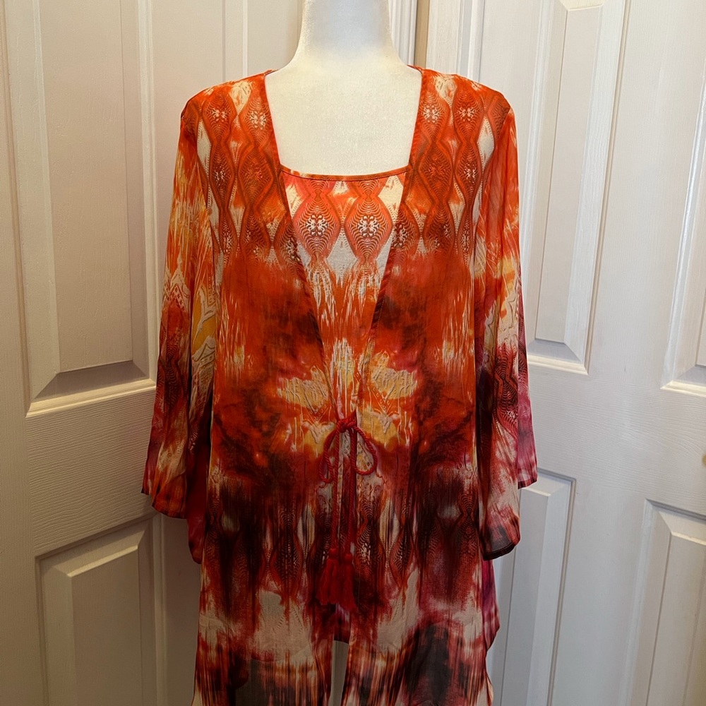 ONE WORLD 2 Piece Boho Tank & Kimono Beige Orange Tassel Tie Size Medium/Small